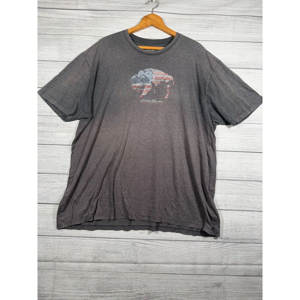 Eddie Bauer Men’s 2XL Gray American Flag Bison Buffalo Graphic T-Shirt 4205